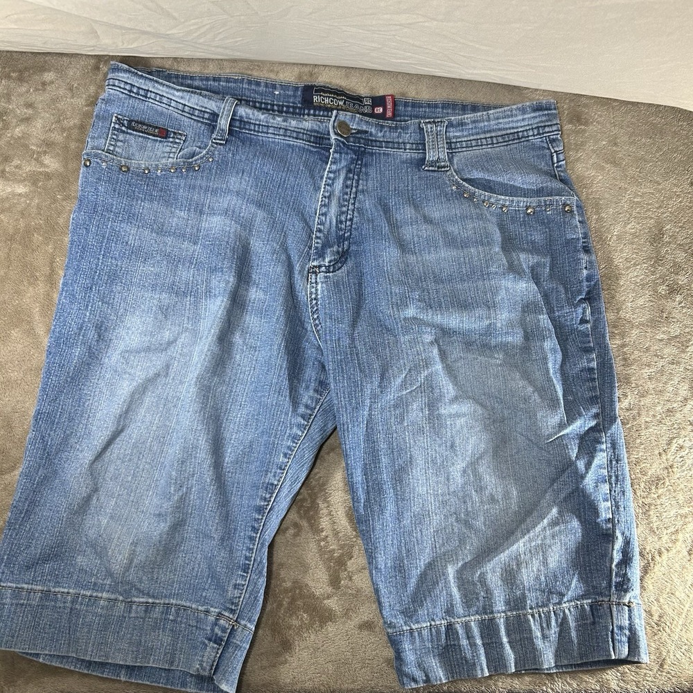 Richcow Jeans Denim Shorts Size 16 Blue Medium Wash Studded Pockets Y2K Stretch